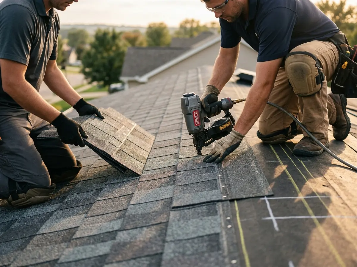 Professional roofer working on a residential roof in Hugo